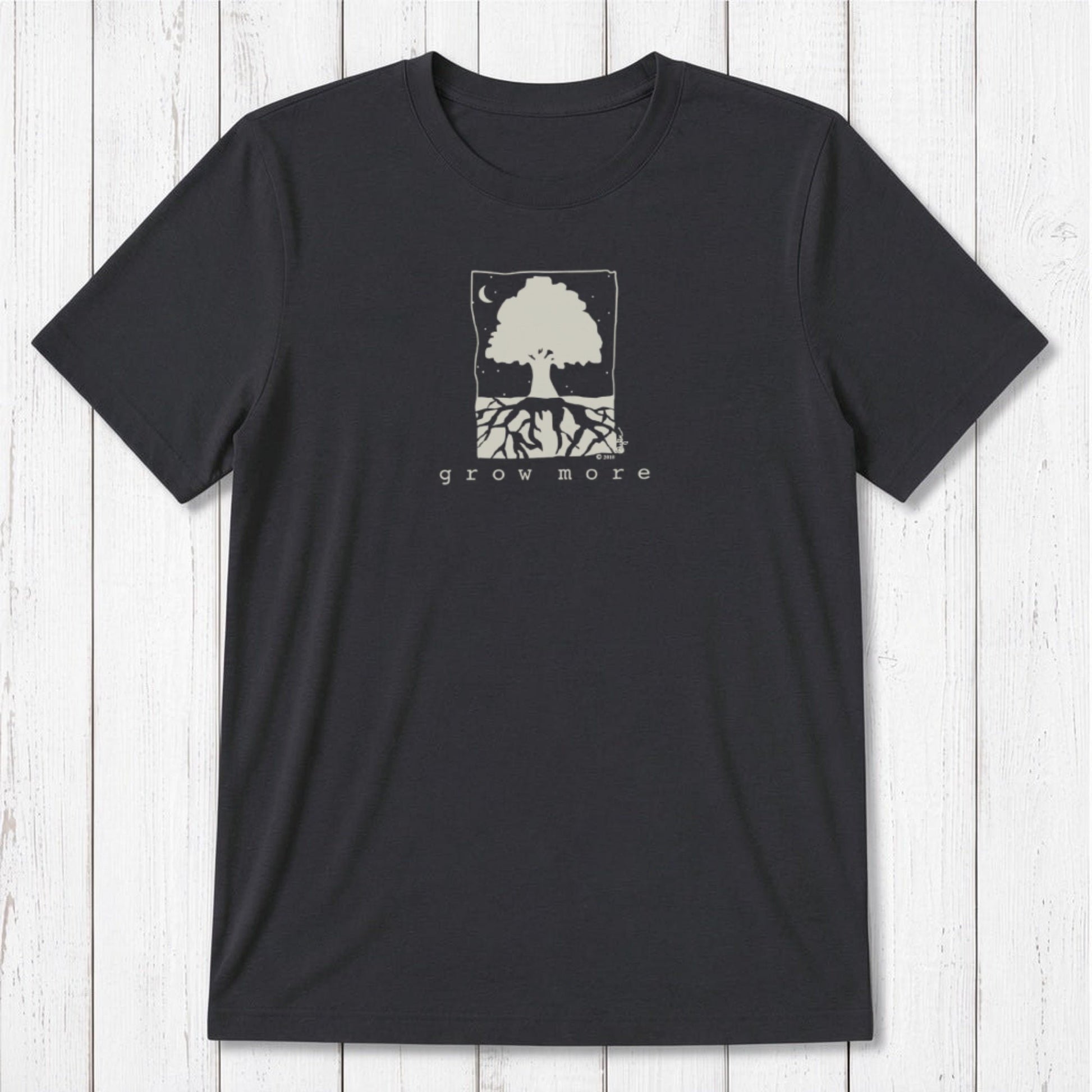 Charcoal black men's bamboo and organic cotton t-shirt with cream 'Grow More' tree graphic, perfect for gardeners.