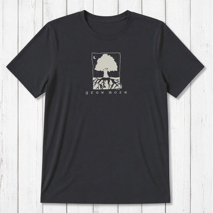 Charcoal black men's bamboo and organic cotton t-shirt with cream 'Grow More' tree graphic, perfect for gardeners.
