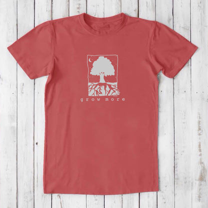 Coral red men's graphic tee with white 'Grow More' tree design, crafted from sustainable bamboo and organic cotton.