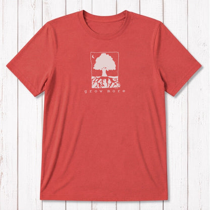 Coral red men's graphic tee with white 'Grow More' tree design, crafted from sustainable bamboo and organic cotton.