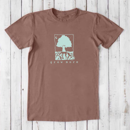Earthy brown men's 'Grow More' gardening t-shirt with mint green tree graphic, made from bamboo and organic cotton.