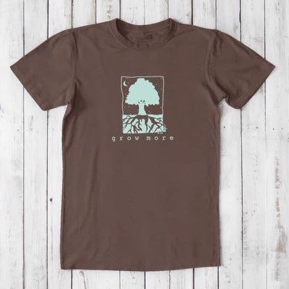 Dark chocolate brown men's bamboo and organic cotton t-shirt with mint green 'Grow More' tree and root graphic.