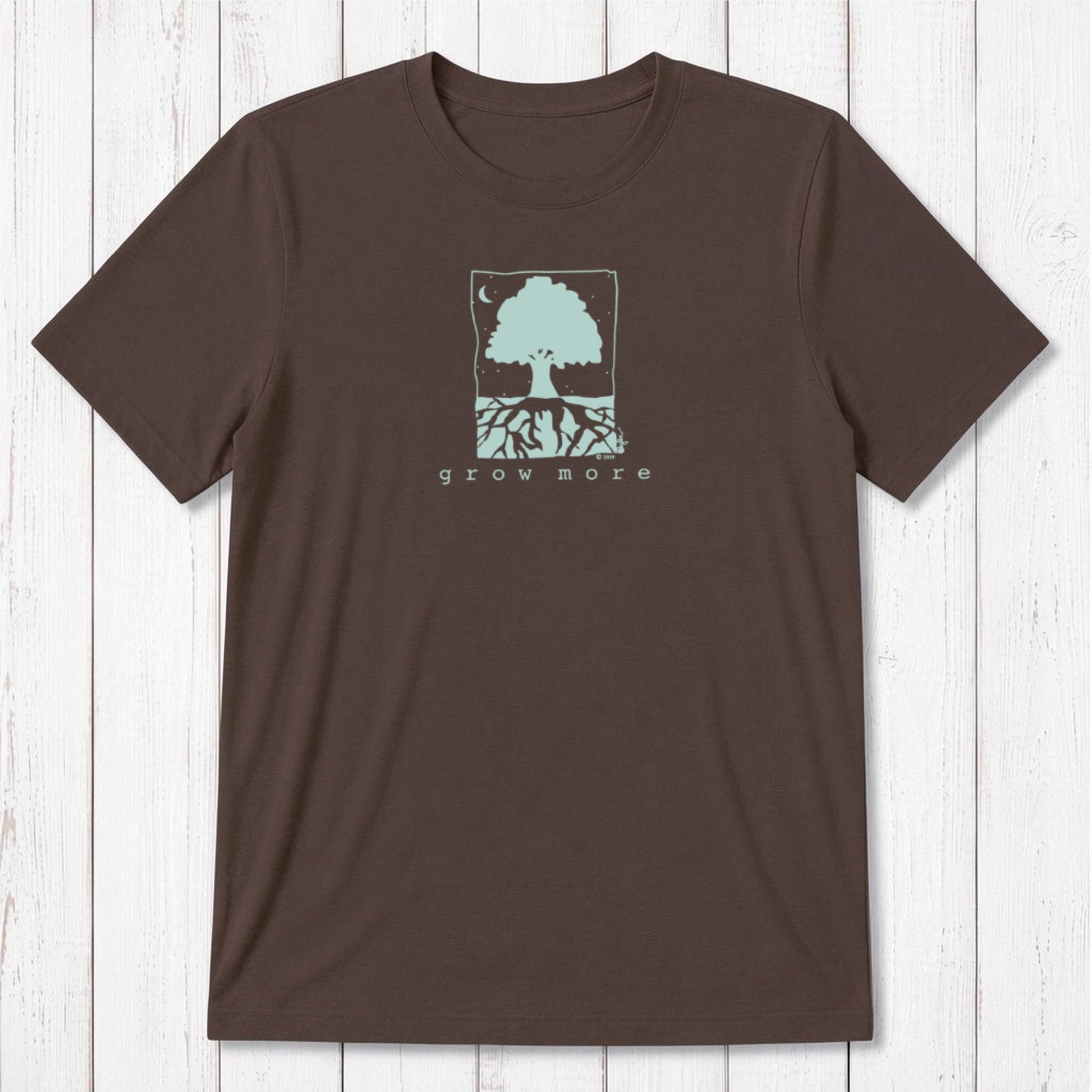 Dark chocolate brown men's bamboo and organic cotton t-shirt with mint green 'Grow More' tree and root graphic.
