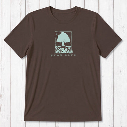 Dark chocolate brown men's bamboo and organic cotton t-shirt with mint green 'Grow More' tree and root graphic.