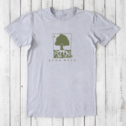 Heather gray men's gardening tee with green 'Grow More' tree graphic, made from bamboo and organic cotton blend.