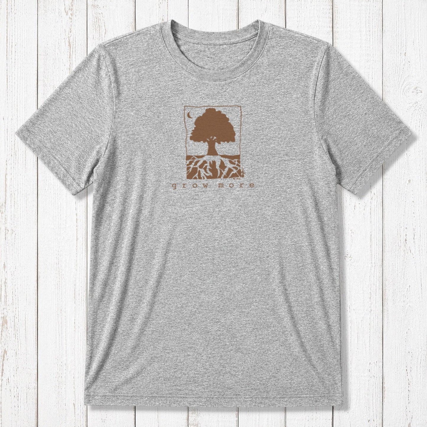 Heather gray men's gardening tee with green 'Grow More' tree graphic, made from bamboo and organic cotton blend.