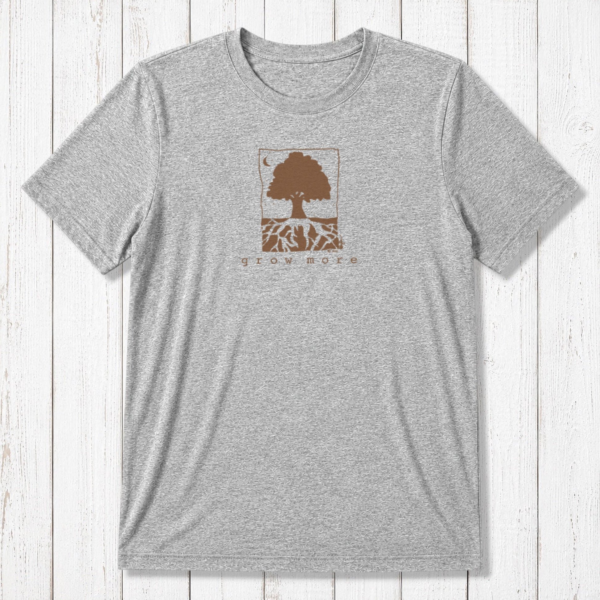 Heather gray men's gardening tee with green 'Grow More' tree graphic, made from bamboo and organic cotton blend.