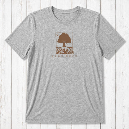 Heather gray men's gardening tee with green 'Grow More' tree graphic, made from bamboo and organic cotton blend.