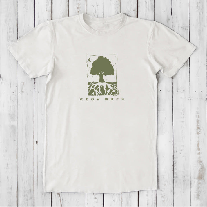 Off-white men's bamboo and organic cotton t-shirt with green 'Grow More' tree design, ideal gift for plant lovers.