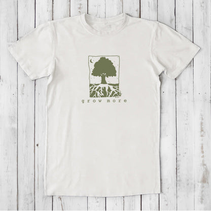 Off-white men's bamboo and organic cotton t-shirt with green 'Grow More' tree design, ideal gift for plant lovers.