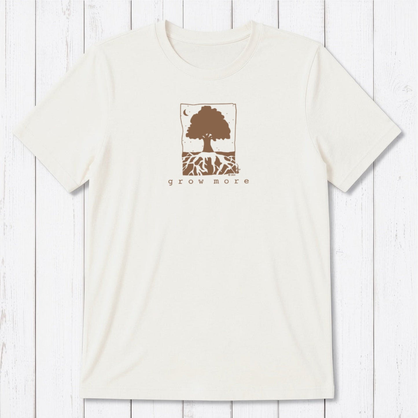 Off-white men's bamboo and organic cotton t-shirt with green 'Grow More' tree design, ideal gift for plant lovers.