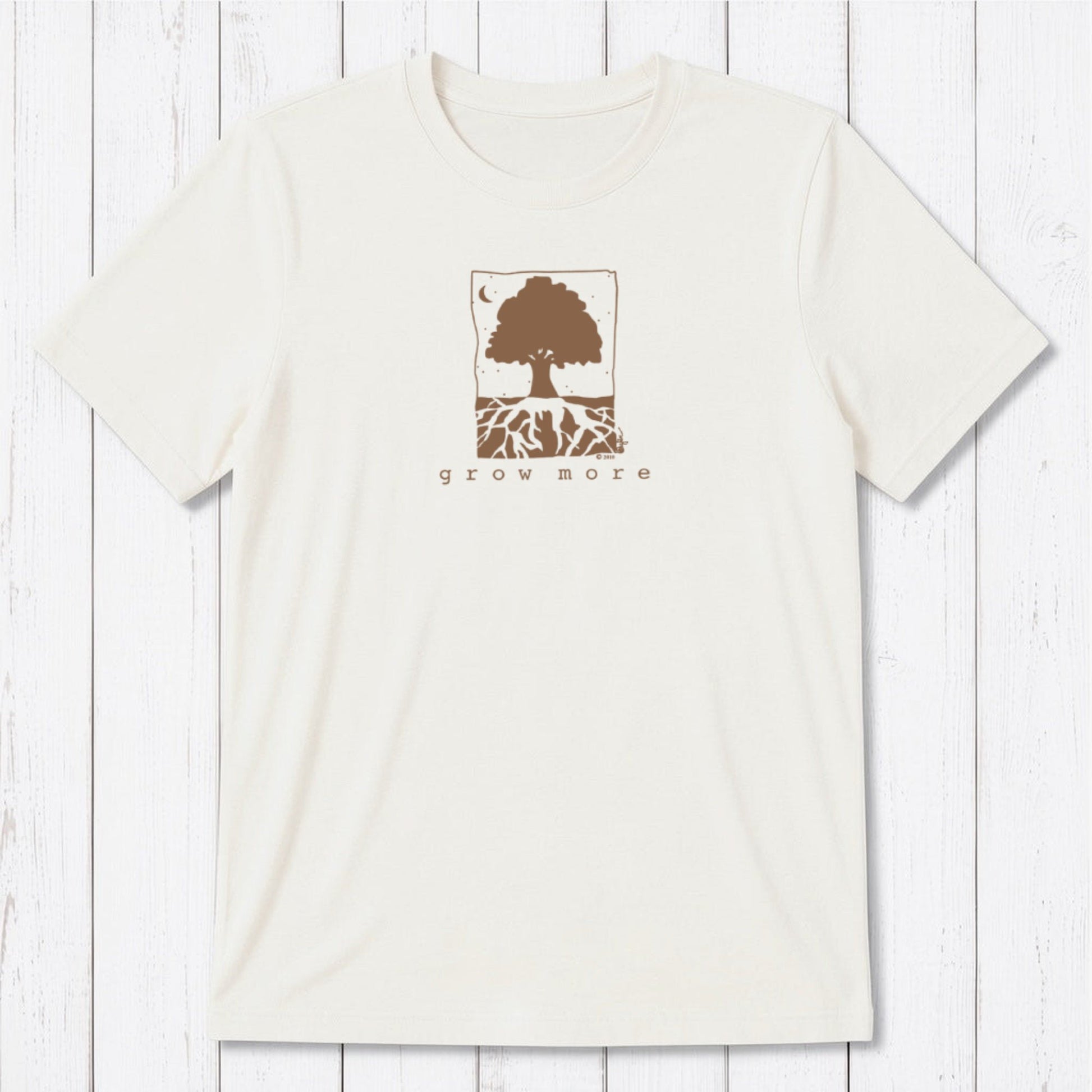 Off-white men's bamboo and organic cotton t-shirt with green 'Grow More' tree design, ideal gift for plant lovers.