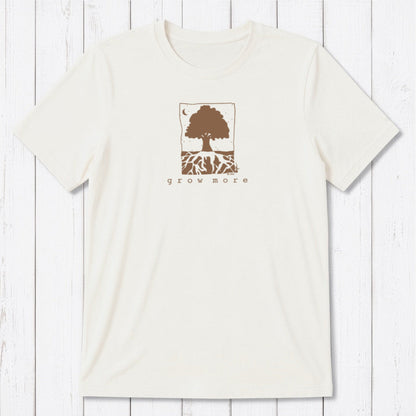 Off-white men's bamboo and organic cotton t-shirt with green 'Grow More' tree design, ideal gift for plant lovers.