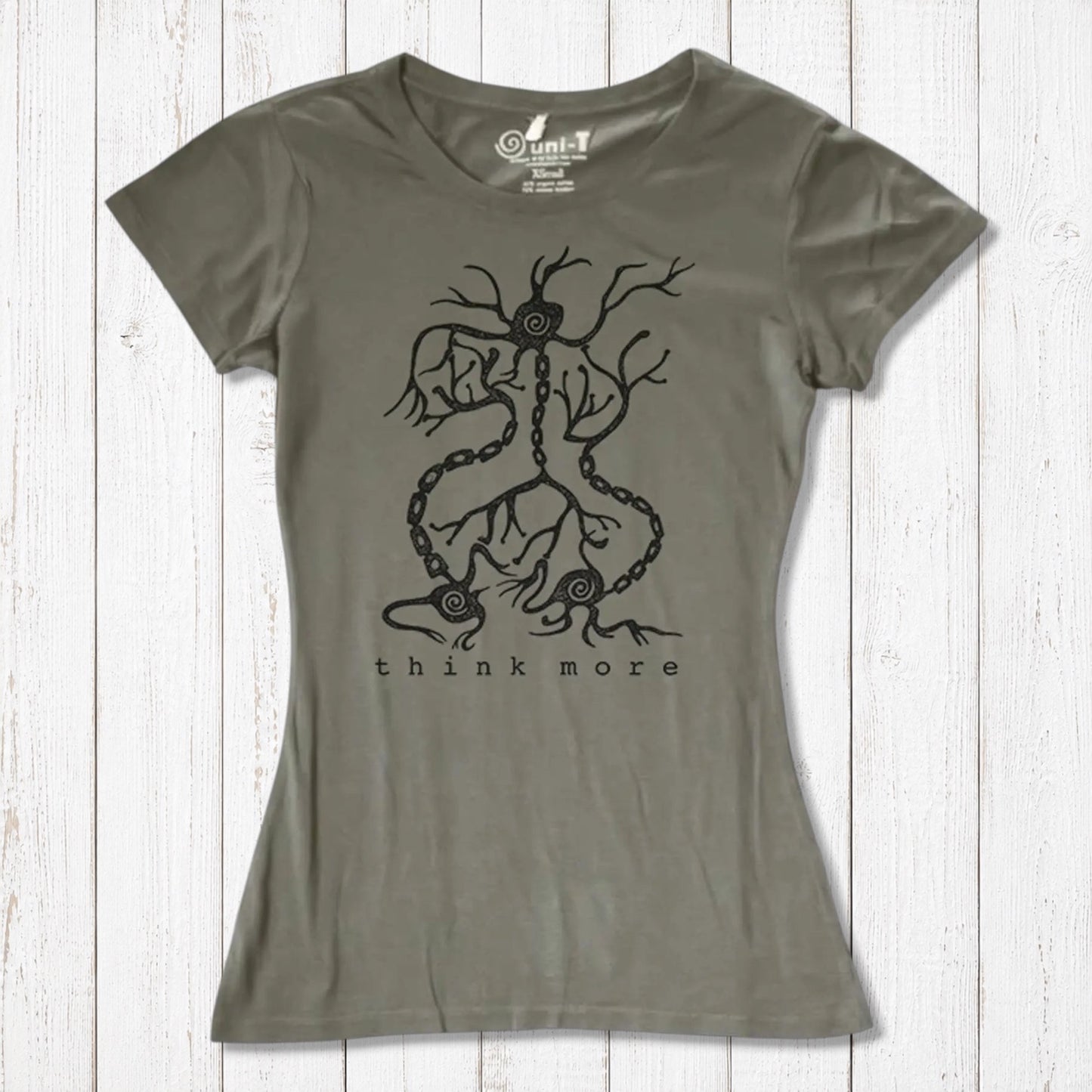 Khaki-green women's bamboo & organic cotton T-shirt featuring neuron and synapse 'Think More' design, perfect for teachers and science fans.