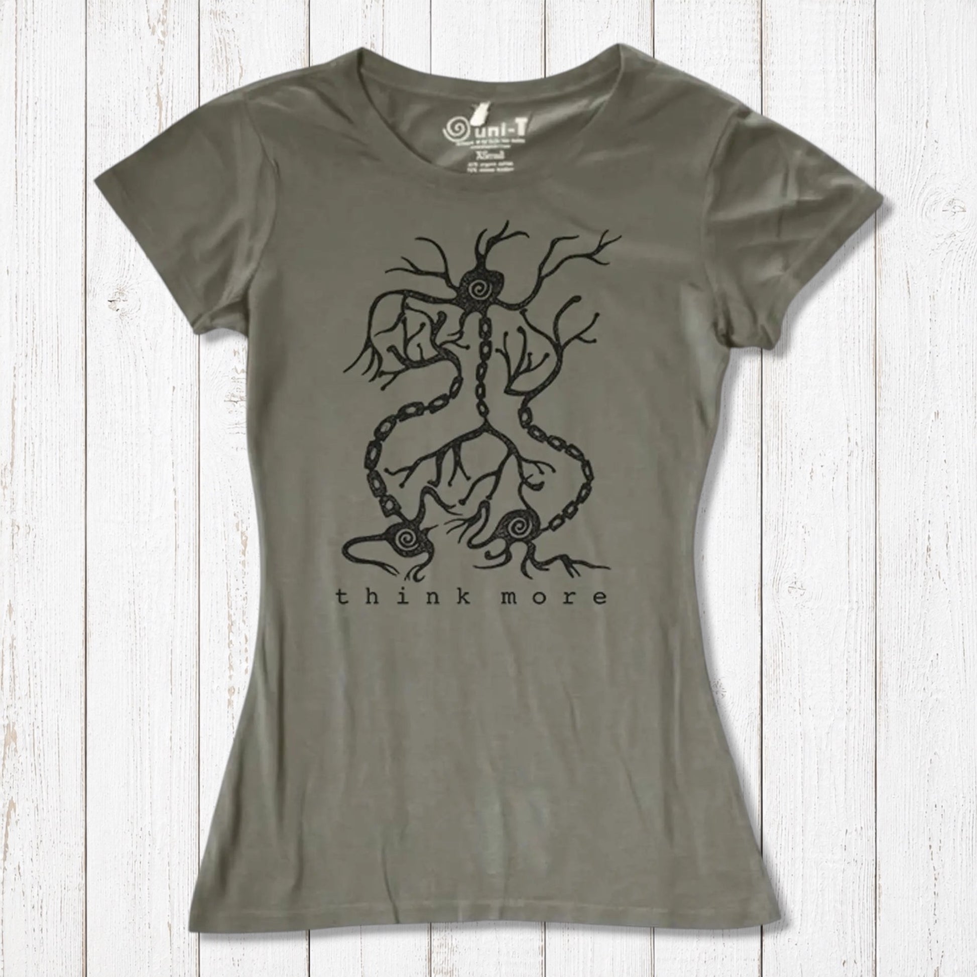 Khaki-green women's bamboo & organic cotton T-shirt featuring neuron and synapse 'Think More' design, perfect for teachers and science fans.
