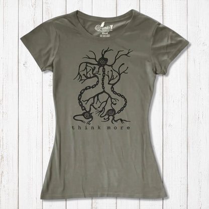 Khaki-green women's bamboo & organic cotton T-shirt featuring neuron and synapse 'Think More' design, perfect for teachers and science fans.