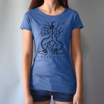 Light blue women's neuron T-shirt in bamboo & organic cotton with 'Think More' brain graphic, sustainable science-themed apparel gift.