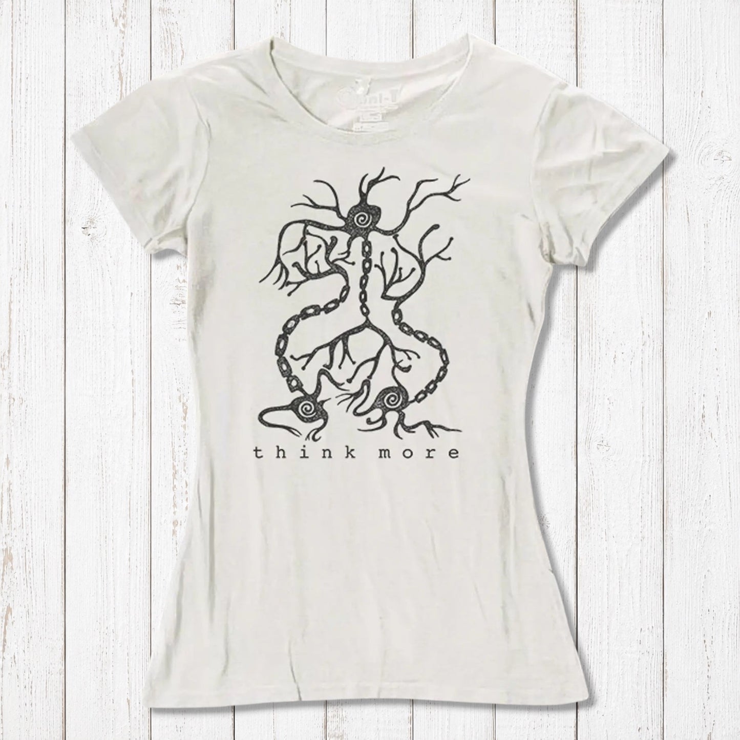Ivory women's bamboo & organic cotton T-shirt with black neuron 'Think More' print, eco-friendly educational top for science enthusiasts.