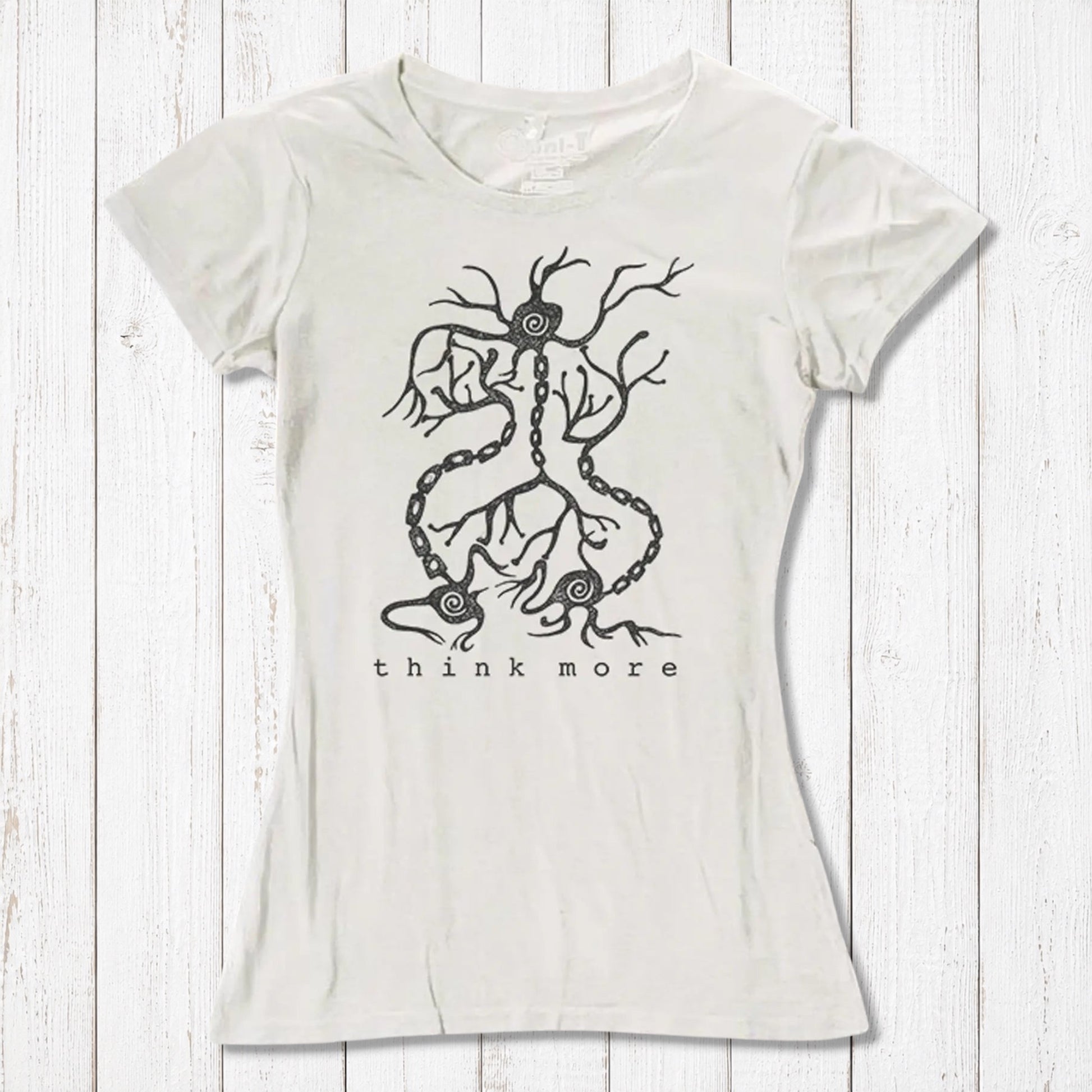 Ivory women's bamboo & organic cotton T-shirt with black neuron 'Think More' print, eco-friendly educational top for science enthusiasts.