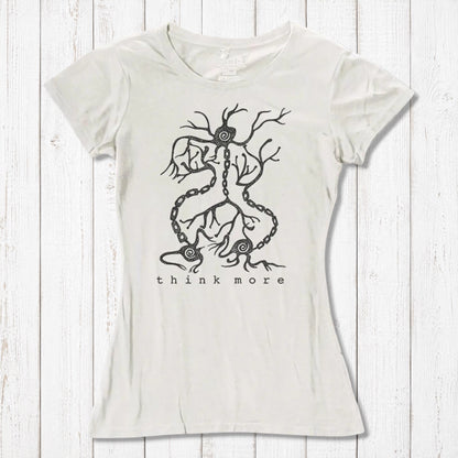 Ivory women's bamboo & organic cotton T-shirt with black neuron 'Think More' print, eco-friendly educational top for science enthusiasts.