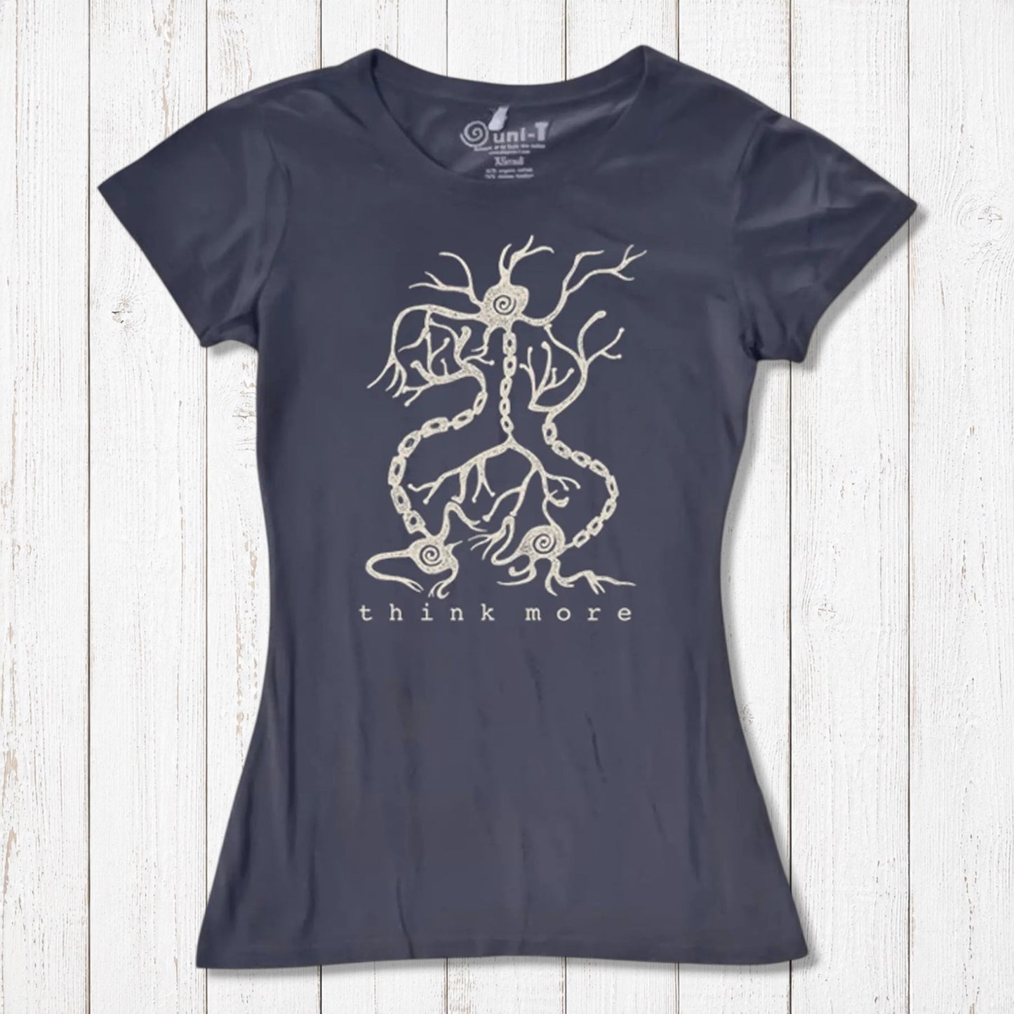 Navy women's bamboo & organic cotton T-shirt with white neuron 'Think More' graphic, stylish and sustainable science gift idea.