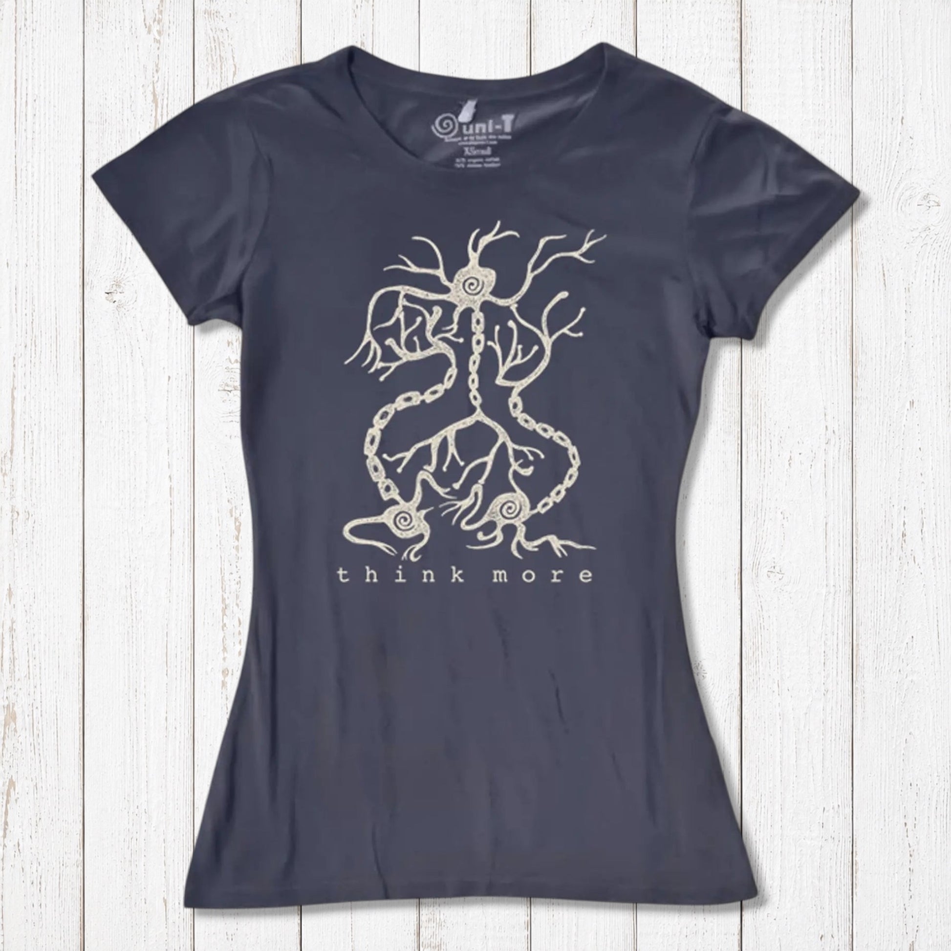 Navy women's bamboo & organic cotton T-shirt with white neuron 'Think More' graphic, stylish and sustainable science gift idea.