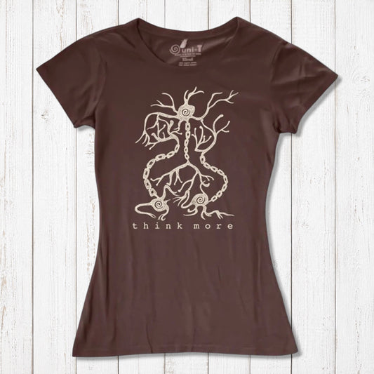 Dark brown women's neuron T-shirt in bamboo & organic cotton with 'Think More' brain synapse design, perfect for educators and STEM fans.