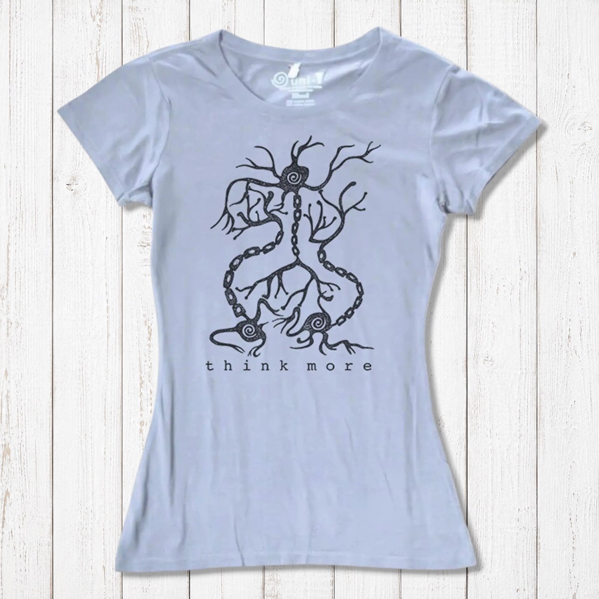 Ocean-blue women's bamboo & organic cotton T-shirt with black neuron 'Think More' print, eco-conscious science-themed fashion piece.