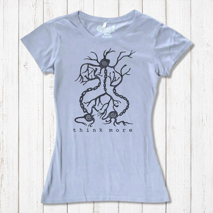 Ocean-blue women's bamboo & organic cotton T-shirt with black neuron 'Think More' print, eco-conscious science-themed fashion piece.