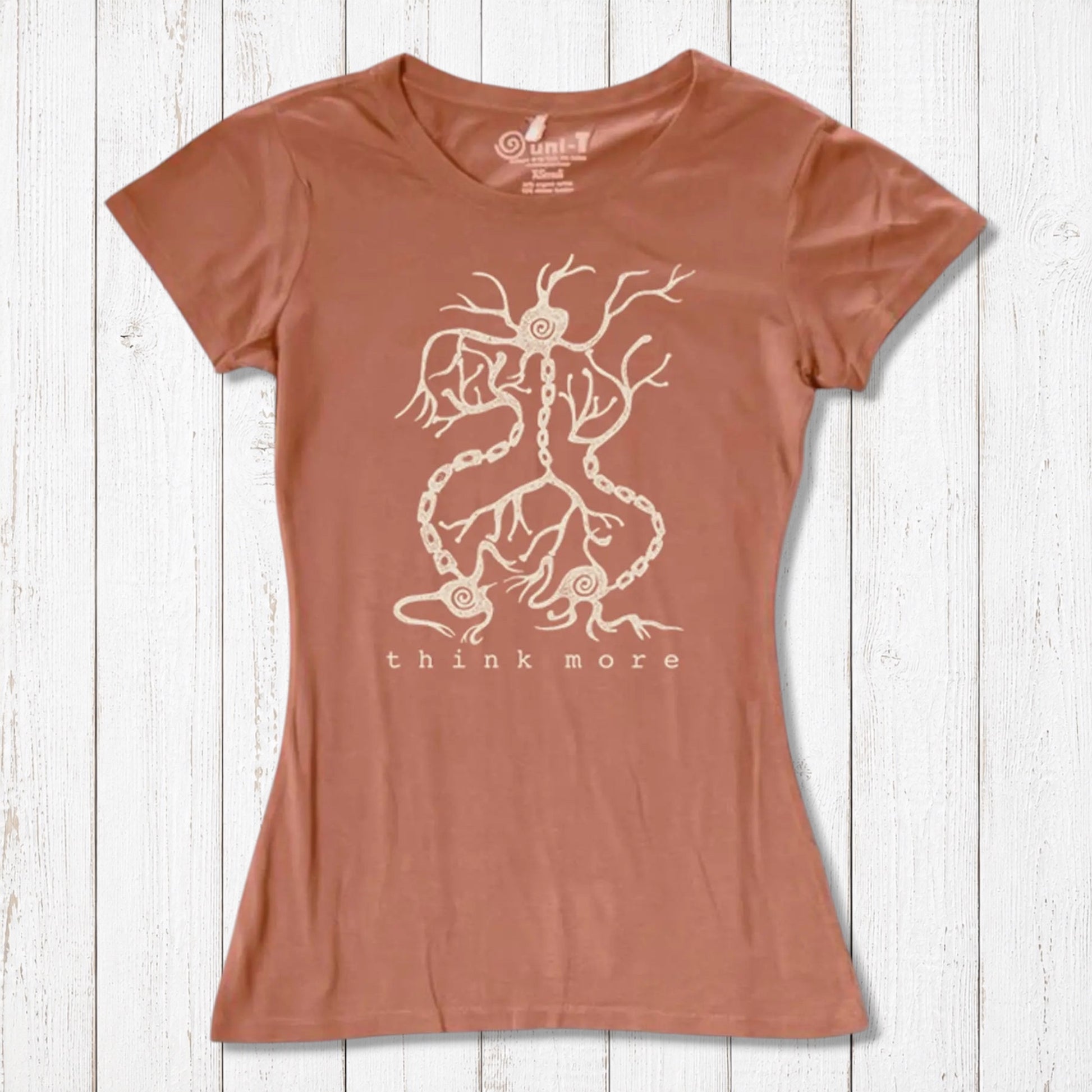 Terracotta women's bamboo & organic cotton T-shirt with white neuron 'Think More' graphic, great educational gift for science lovers.