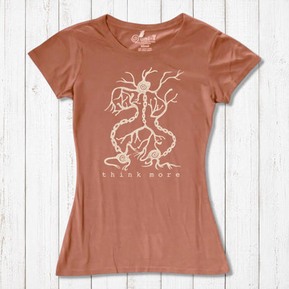 Terracotta women's bamboo & organic cotton T-shirt with white neuron 'Think More' graphic, great educational gift for science lovers.