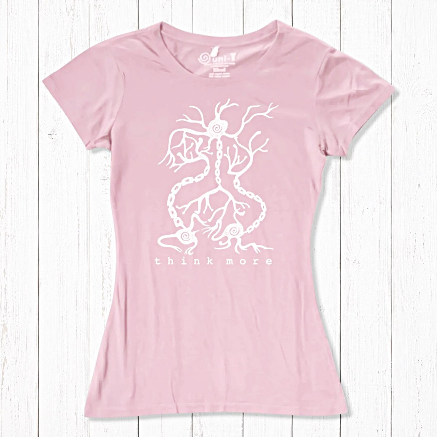 Rustic pink women's bamboo & organic cotton T-shirt with white neuron 'Think More' design, soft and sustainable science-inspired top.