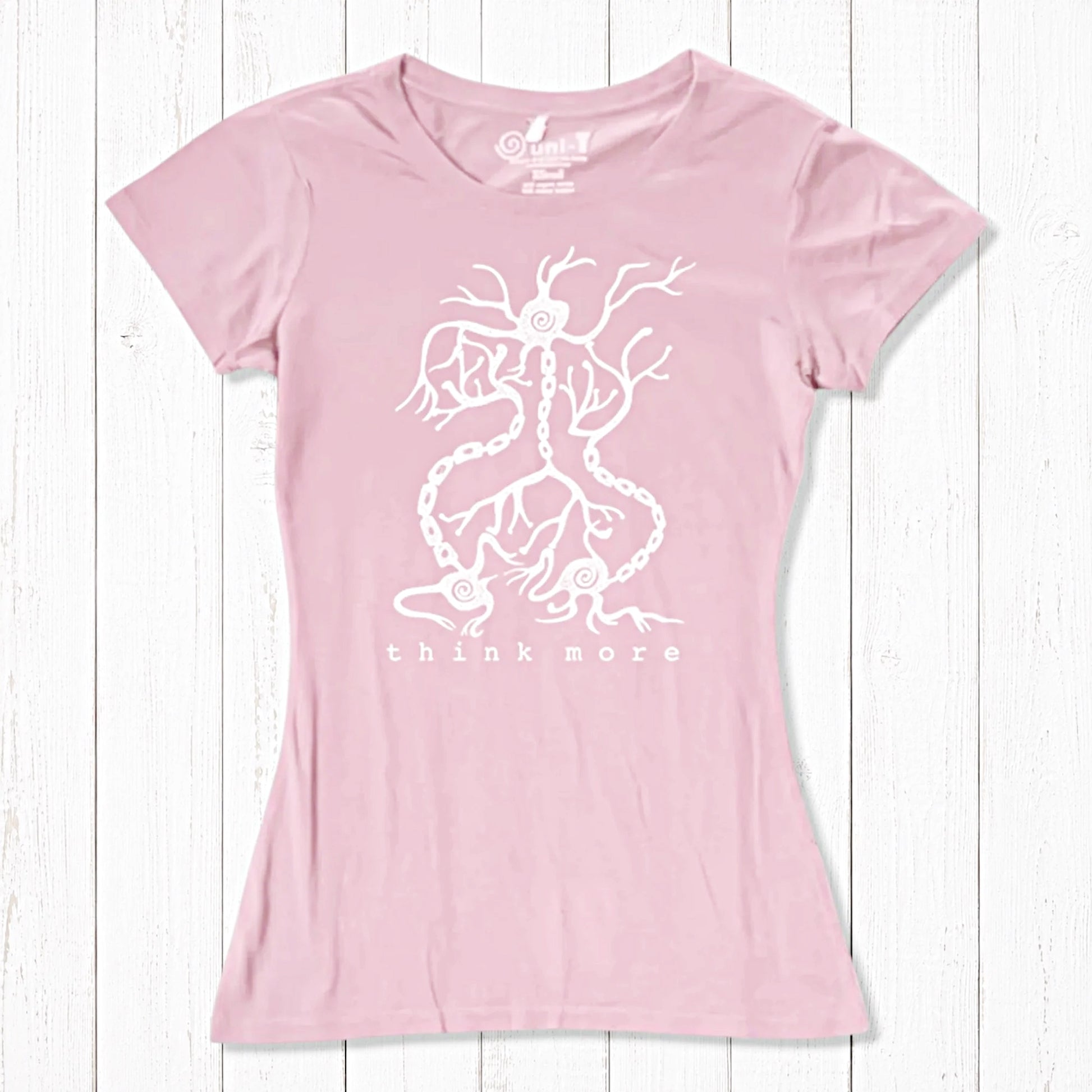 Rustic pink women's bamboo & organic cotton T-shirt with white neuron 'Think More' design, soft and sustainable science-inspired top.
