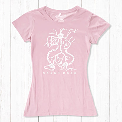 Rustic pink women's bamboo & organic cotton T-shirt with white neuron 'Think More' design, soft and sustainable science-inspired top.
