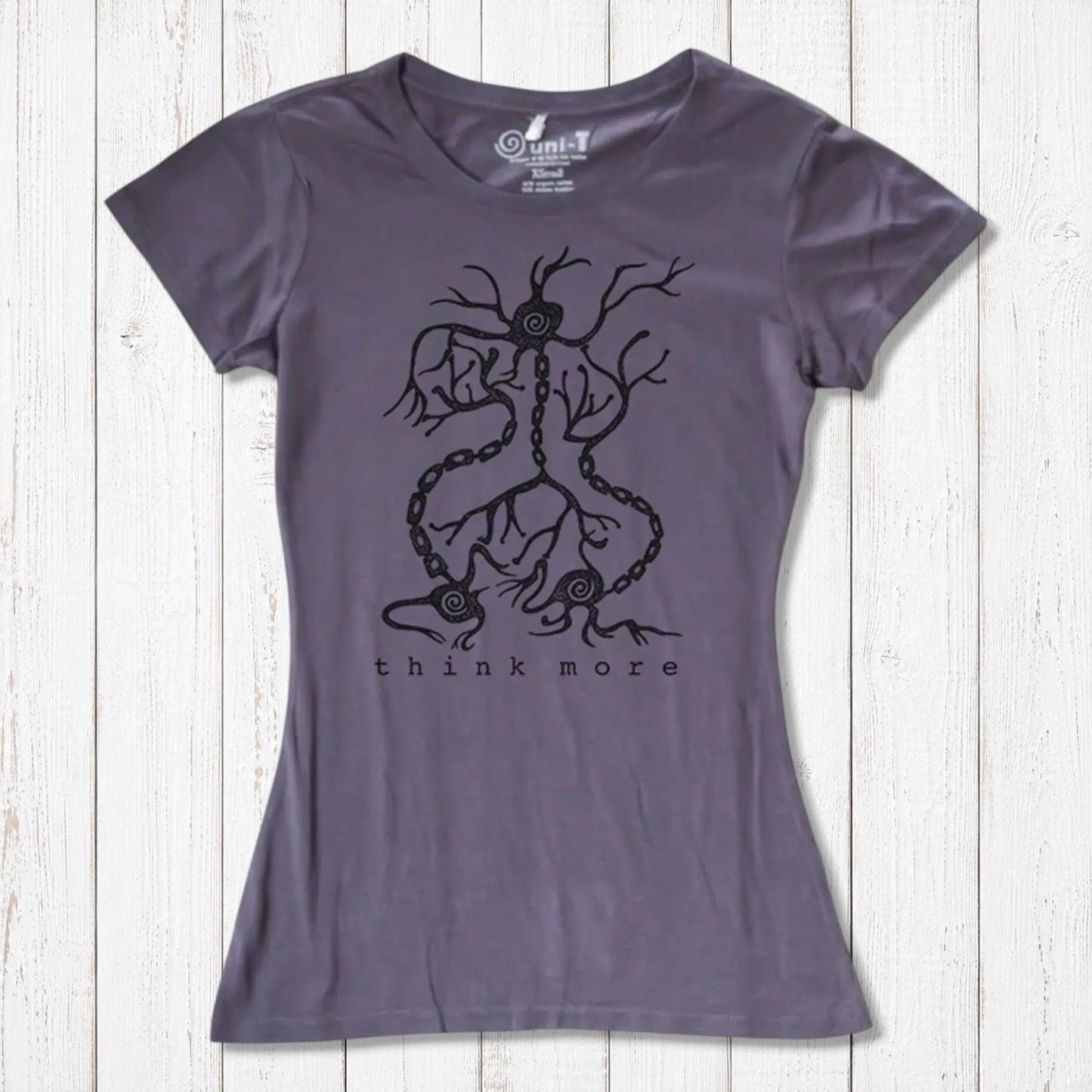 Dark purple women's bamboo & organic cotton T-shirt with black neuron 'Think More' print, educational and eco-friendly STEM apparel.