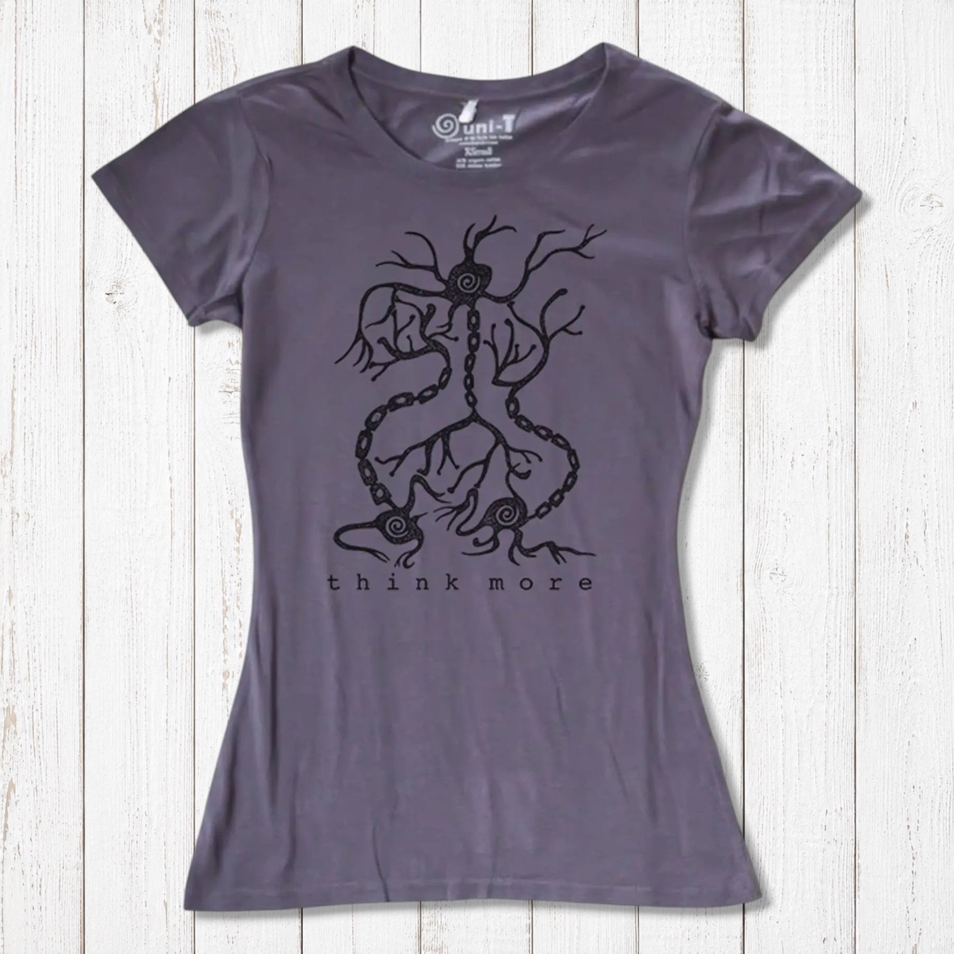 Dark purple women's bamboo & organic cotton T-shirt with black neuron 'Think More' print, educational and eco-friendly STEM apparel.
