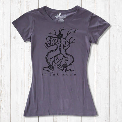 Dark purple women's bamboo & organic cotton T-shirt with black neuron 'Think More' print, educational and eco-friendly STEM apparel.