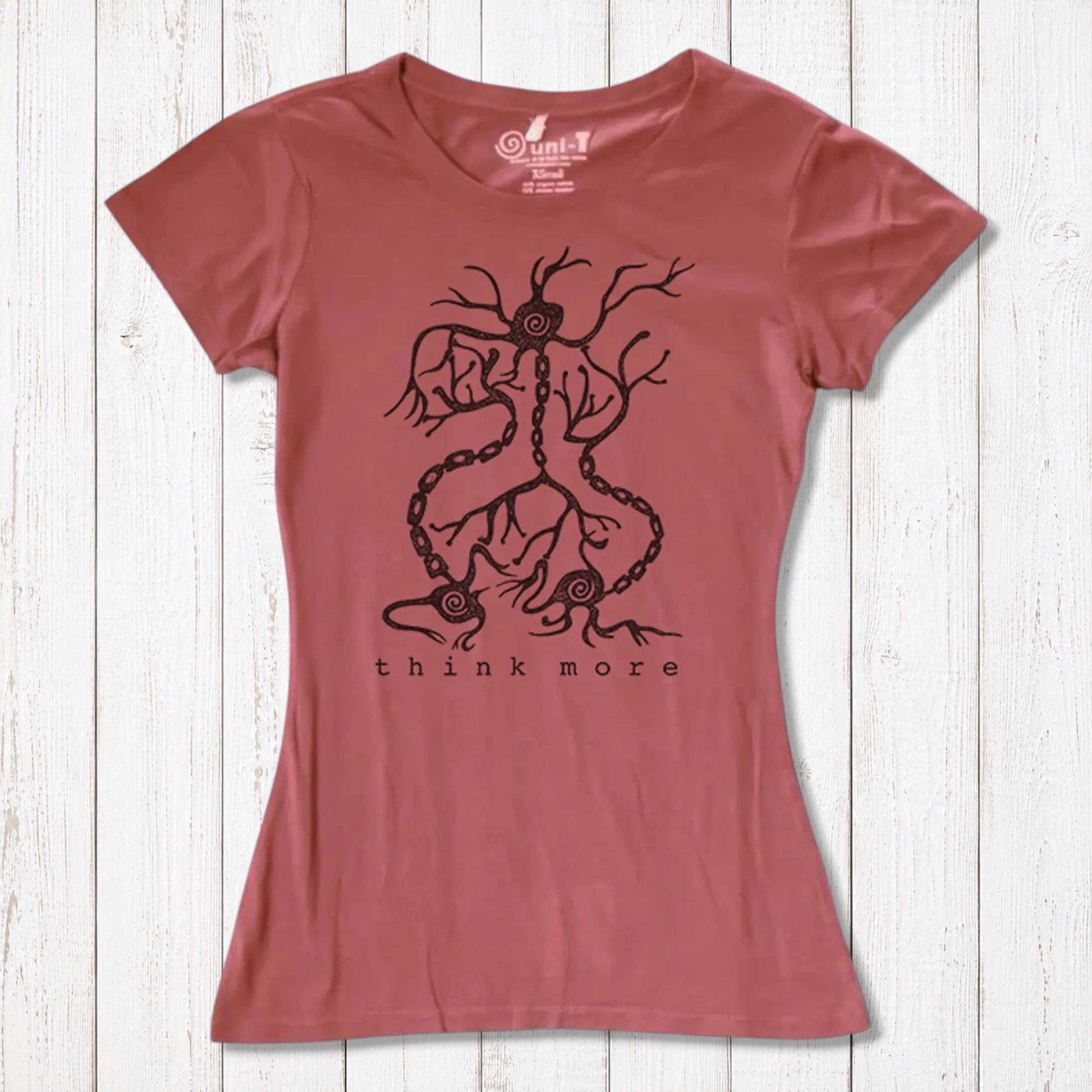 Red clay women's bamboo & organic cotton T-shirt with black neuron 'Think More' design, perfect science-themed gift for teachers.