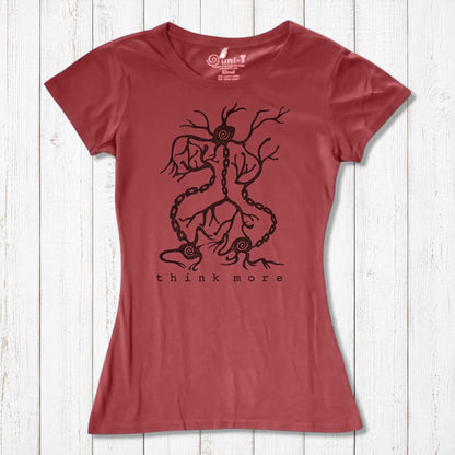 Red women's bamboo & organic cotton T-shirt with black neuron 'Think More' print, ideal eco-friendly gift for science educators and fans.