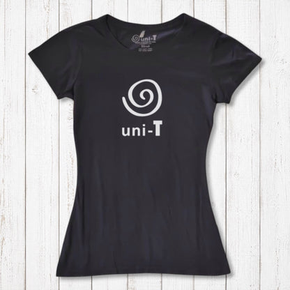Women's Uni-T Logo T-Shirt in black bamboo and organic cotton with white spiral graphic and unity message, sustainable fashion gift for her.