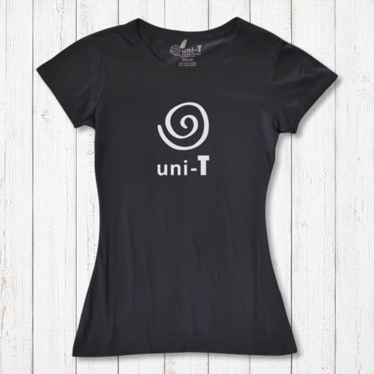 Women's Uni-T Logo T-Shirt in black bamboo and organic cotton with white spiral graphic and unity message, sustainable fashion gift for her.