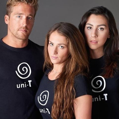 Group wearing Women's Uni-T Logo T-Shirts in black bamboo and organic cotton, showcasing unity and sustainable fashion for all.