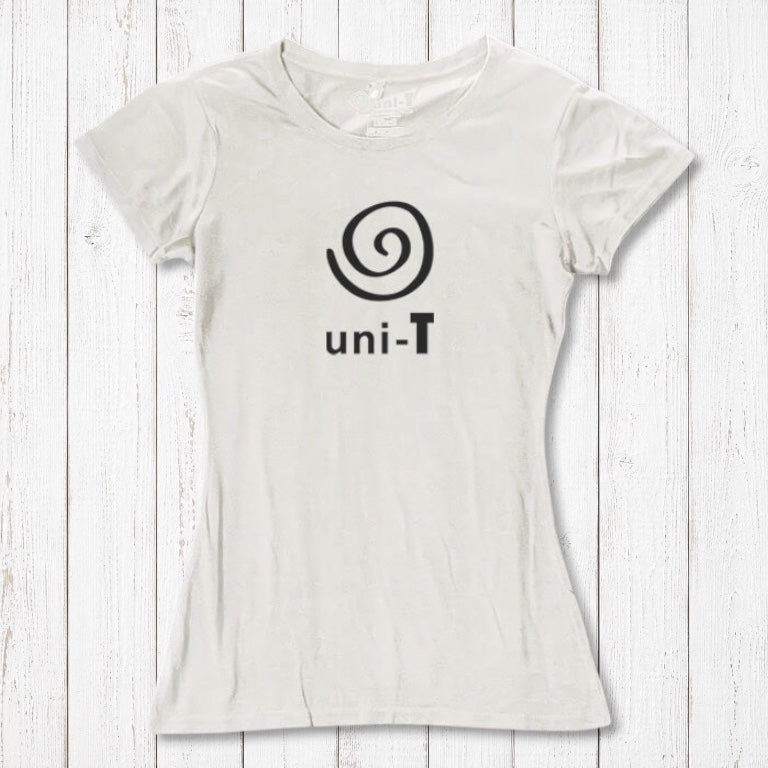 Women's Uni-T Logo T-Shirt in white bamboo and organic cotton with black spiral design, eco-friendly inspirational tee for her.