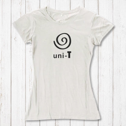Women's Uni-T Logo T-Shirt in white bamboo and organic cotton with black spiral design, eco-friendly inspirational tee for her.