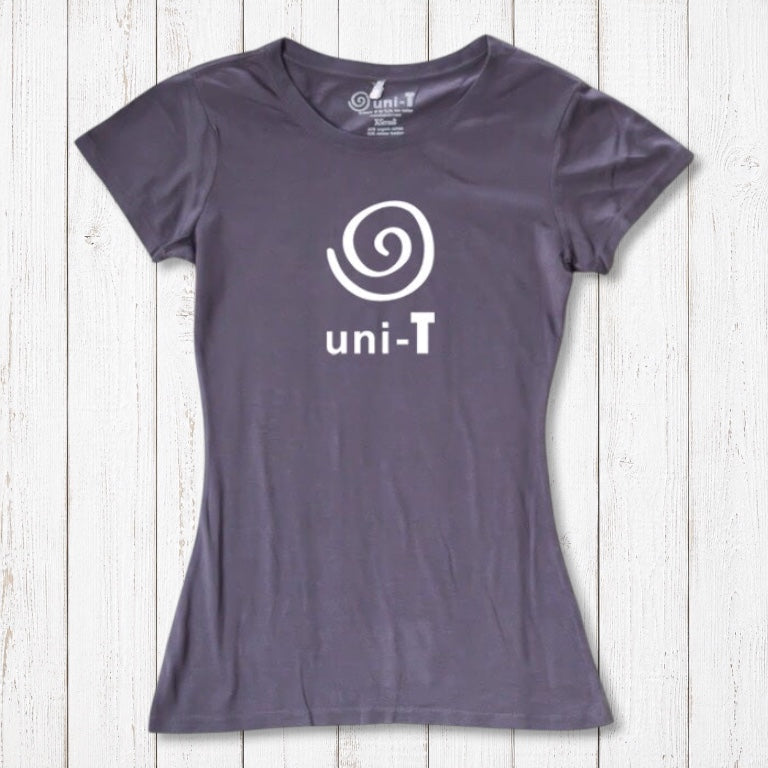 Women's Uni-T Logo T-Shirt in muted purple bamboo and organic cotton, with white spiral logo, ethical and stylish unity tee.