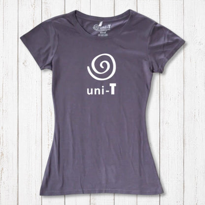 Women's Uni-T Logo T-Shirt in muted purple bamboo and organic cotton, with white spiral logo, ethical and stylish unity tee.