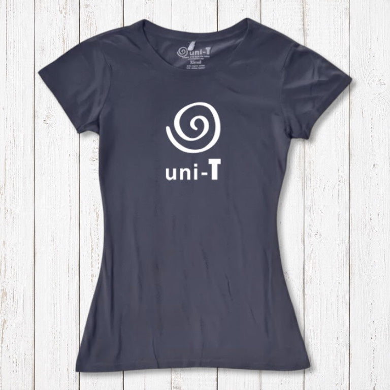 Women's Uni-T Logo T-Shirt in navy bamboo and organic cotton, featuring white spiral unity design, eco-conscious wardrobe staple.