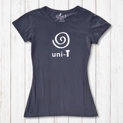 Women's Uni-T Logo T-Shirt in navy bamboo and organic cotton, featuring white spiral unity design, eco-conscious wardrobe staple.
