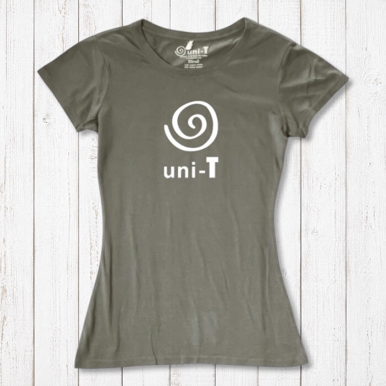 Women's Uni-T Logo T-Shirt in olive green bamboo and organic cotton, featuring white spiral unity symbol, eco-friendly gift for her.