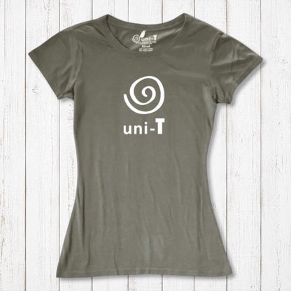 Women's Uni-T Logo T-Shirt in olive green bamboo and organic cotton, featuring white spiral unity symbol, eco-friendly gift for her.